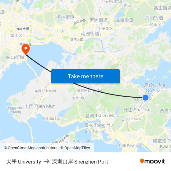 大學 University to 深圳口岸 Shenzhen Port map
