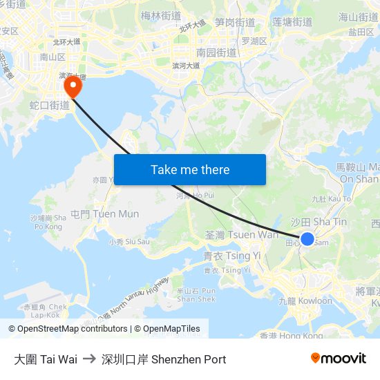 大圍 Tai Wai to 深圳口岸 Shenzhen Port map