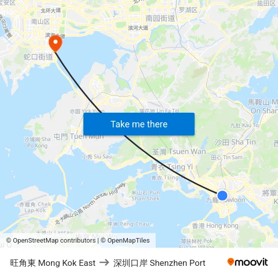 旺角東 Mong Kok East to 深圳口岸 Shenzhen Port map