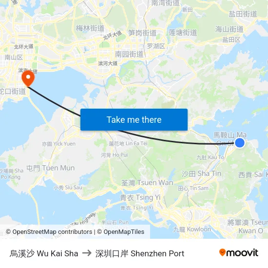 烏溪沙 Wu Kai Sha to 深圳口岸 Shenzhen Port map
