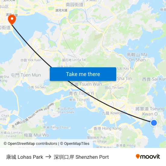 康城 Lohas Park to 深圳口岸 Shenzhen Port map
