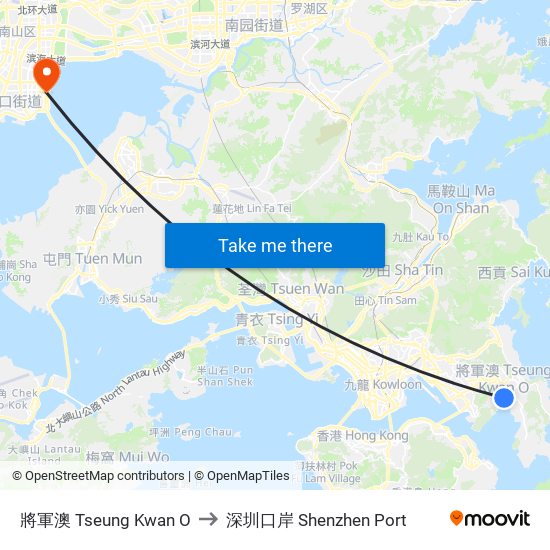將軍澳 Tseung Kwan O to 深圳口岸 Shenzhen Port map