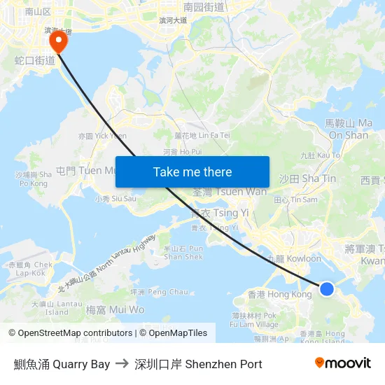 鰂魚涌 Quarry Bay to 深圳口岸 Shenzhen Port map