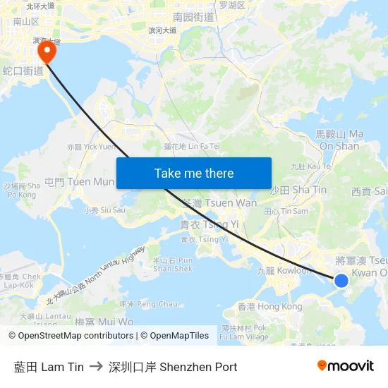 藍田 Lam Tin to 深圳口岸 Shenzhen Port map