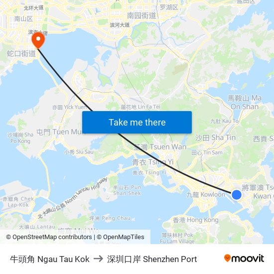 牛頭角 Ngau Tau Kok to 深圳口岸 Shenzhen Port map