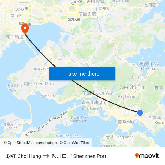 彩虹 Choi Hung to 深圳口岸 Shenzhen Port map