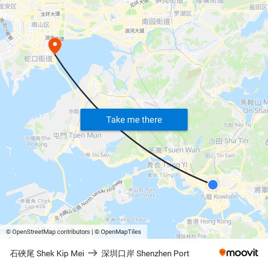 石硤尾 Shek Kip Mei to 深圳口岸 Shenzhen Port map