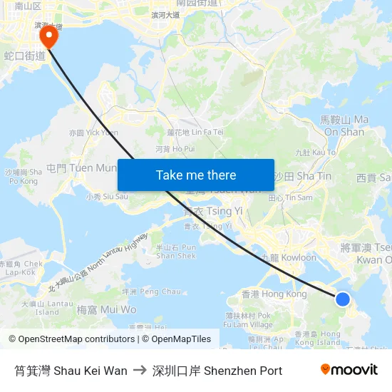 筲箕灣 Shau Kei Wan to 深圳口岸 Shenzhen Port map