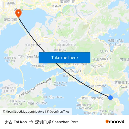 太古 Tai Koo to 深圳口岸 Shenzhen Port map