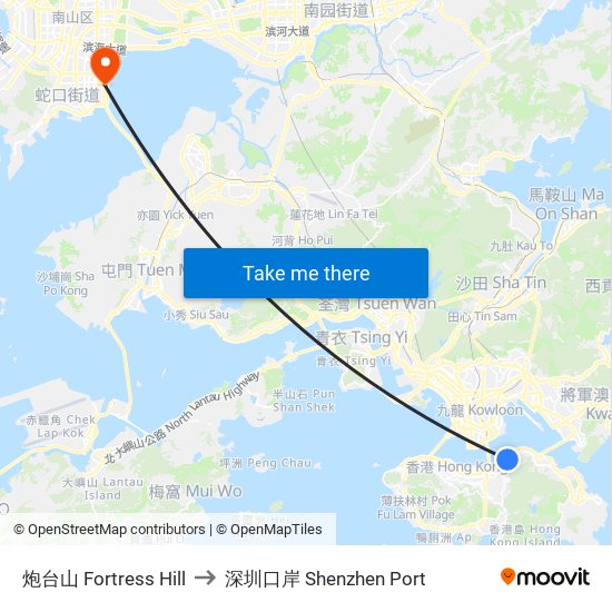 炮台山 Fortress Hill to 深圳口岸 Shenzhen Port map