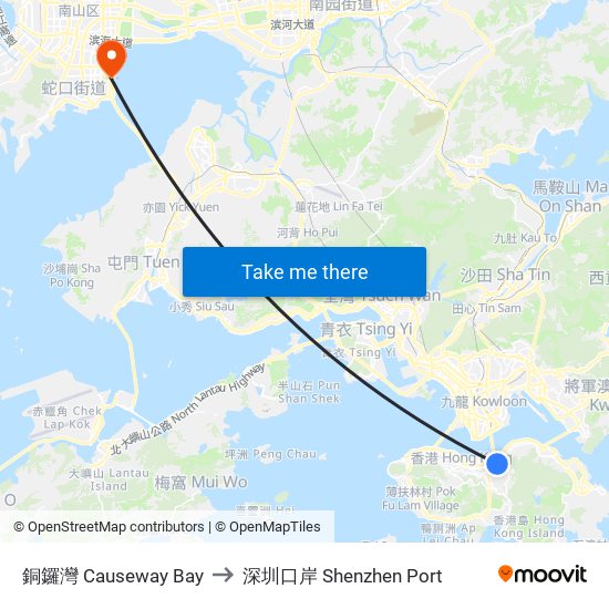 銅鑼灣 Causeway Bay to 深圳口岸 Shenzhen Port map