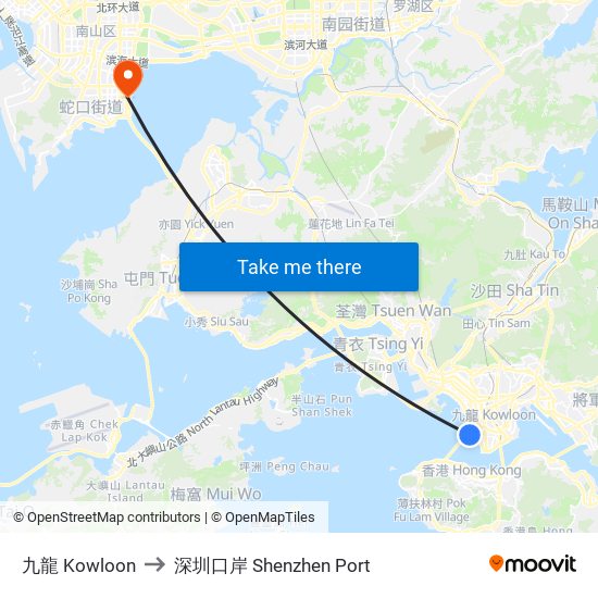 九龍 Kowloon to 深圳口岸 Shenzhen Port map