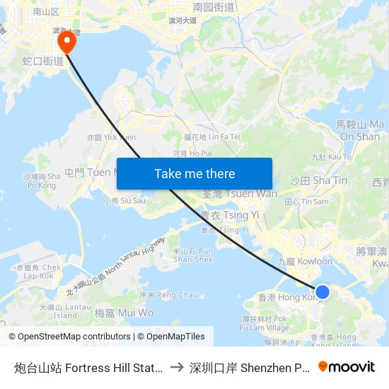 炮台山站 Fortress Hill Station to 深圳口岸 Shenzhen Port map