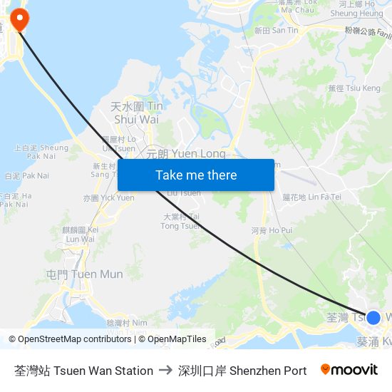荃灣站 Tsuen Wan Station to 深圳口岸 Shenzhen Port map