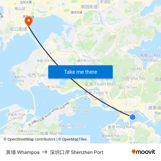 黃埔 Whampoa to 深圳口岸 Shenzhen Port map