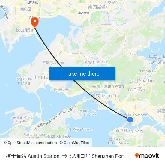 柯士甸站 Austin Station to 深圳口岸 Shenzhen Port map