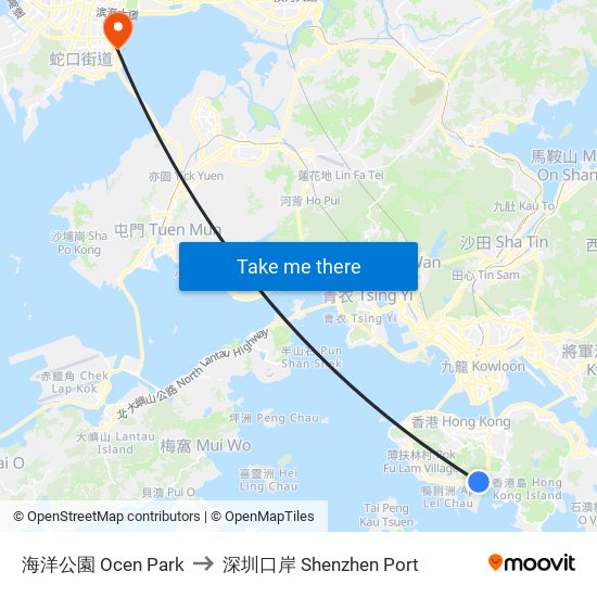 海洋公園 Ocen Park to 深圳口岸 Shenzhen Port map