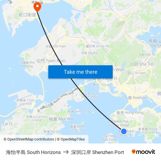 海怡半島 South Horizons to 深圳口岸 Shenzhen Port map