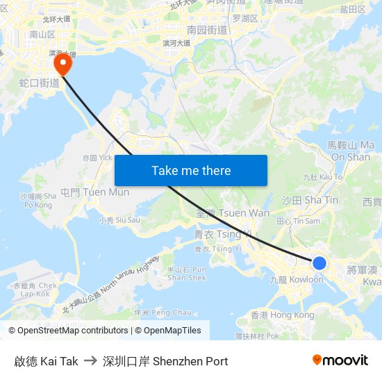 啟德 Kai Tak to 深圳口岸 Shenzhen Port map