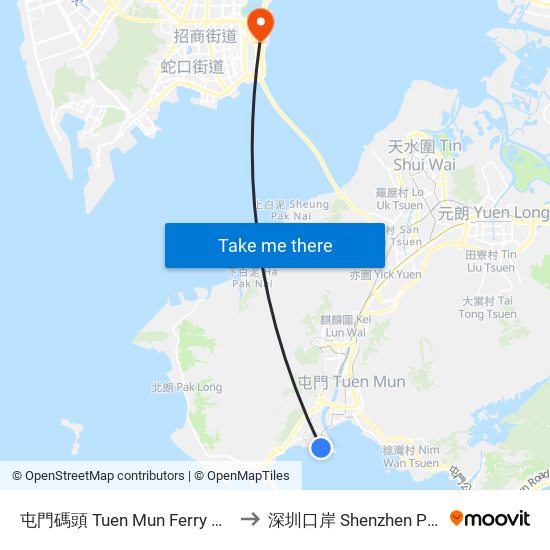 屯門碼頭 Tuen Mun Ferry Pier to 深圳口岸 Shenzhen Port map