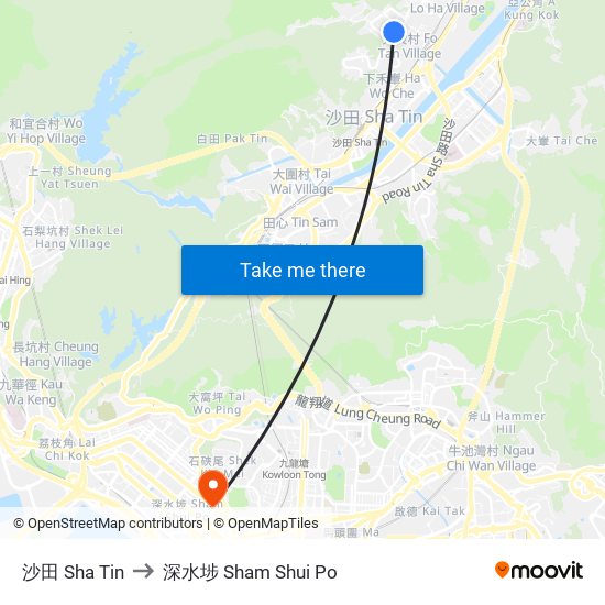 沙田 Sha Tin to 深水埗 Sham Shui Po map