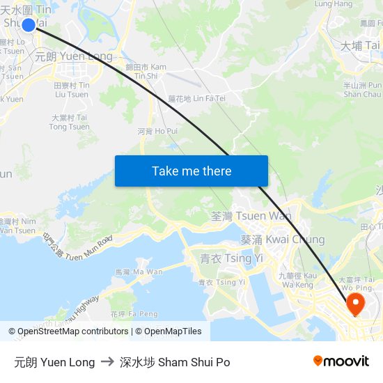 元朗 Yuen Long to 深水埗 Sham Shui Po map