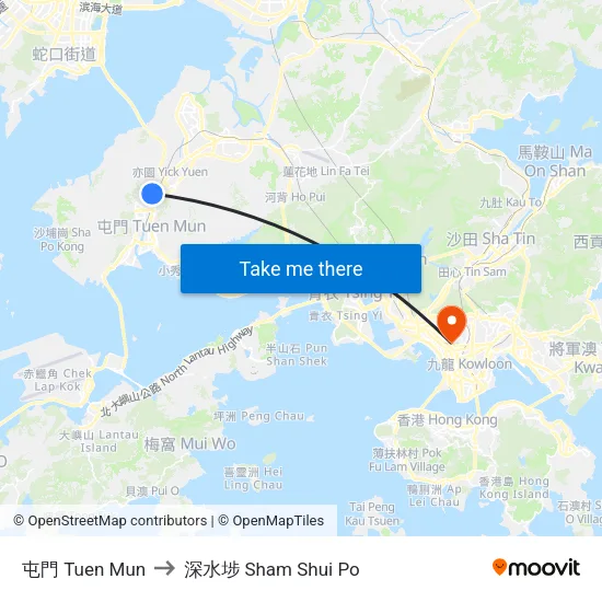 屯門 Tuen Mun to 深水埗 Sham Shui Po map
