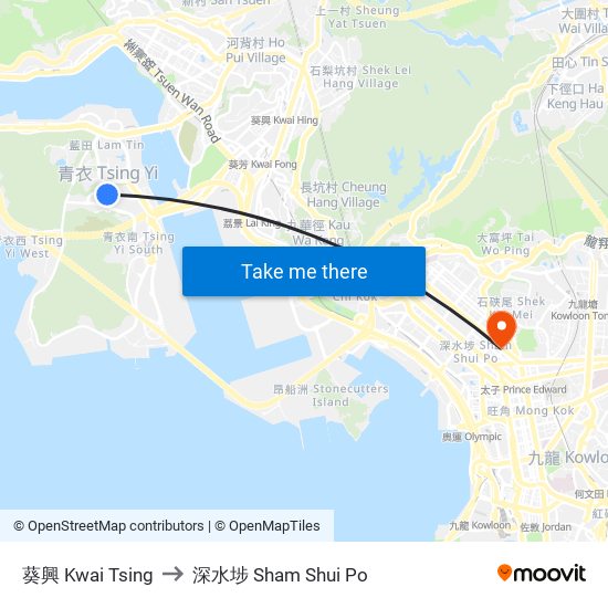 葵興 Kwai Tsing to 深水埗 Sham Shui Po map