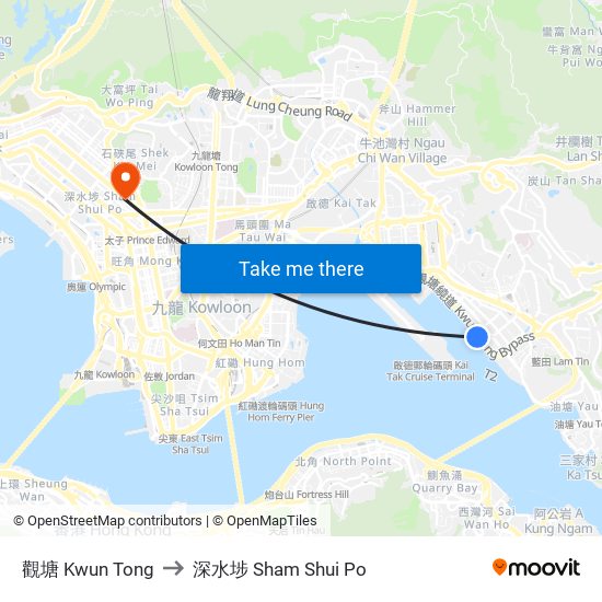 觀塘 Kwun Tong to 深水埗 Sham Shui Po map