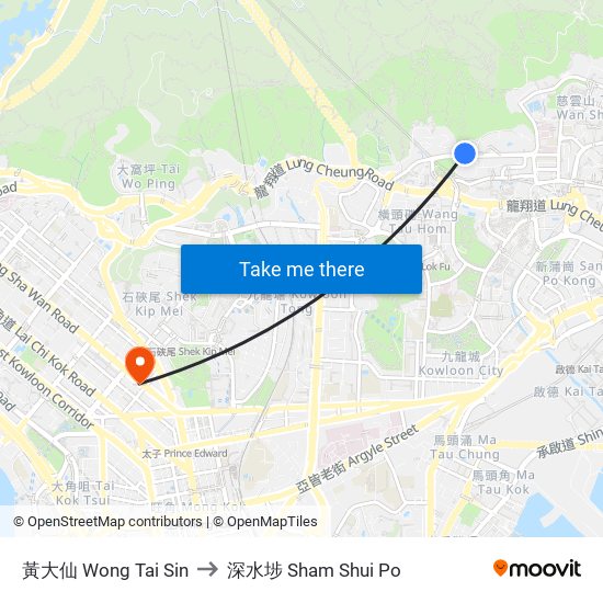 黃大仙 Wong Tai Sin to 深水埗 Sham Shui Po map