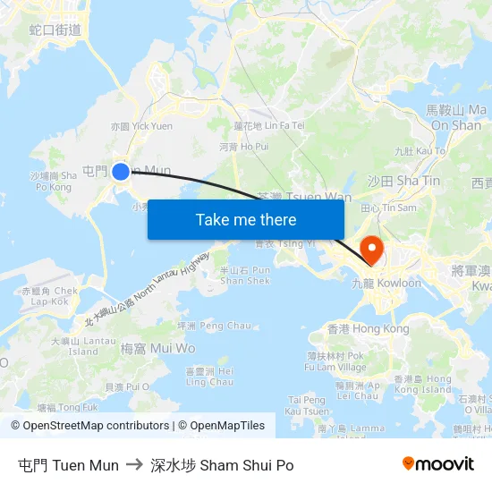 屯門 Tuen Mun to 深水埗 Sham Shui Po map