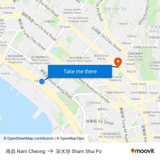 南昌 Nam Cheong to 深水埗 Sham Shui Po map