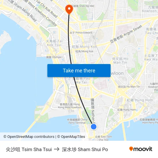 尖沙咀 Tsim Sha Tsui to 深水埗 Sham Shui Po map
