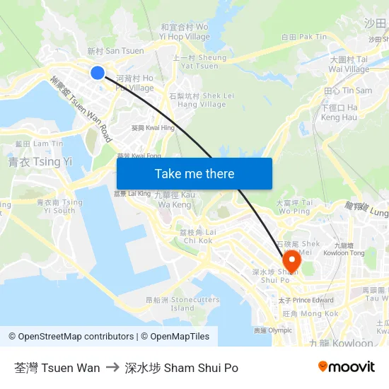 荃灣 Tsuen Wan to 深水埗 Sham Shui Po map