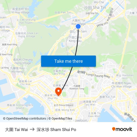 大圍 Tai Wai to 深水埗 Sham Shui Po map