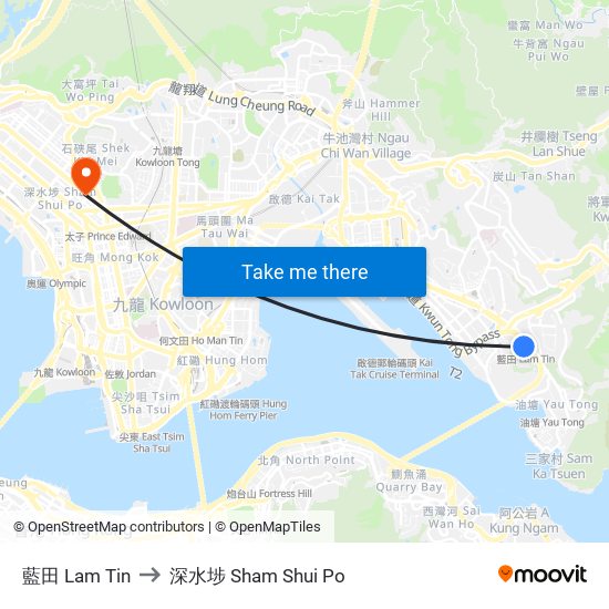 藍田 Lam Tin to 深水埗 Sham Shui Po map