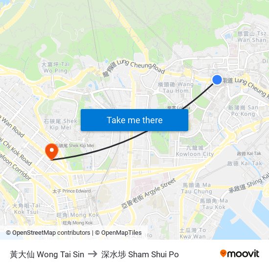 黃大仙 Wong Tai Sin to 深水埗 Sham Shui Po map