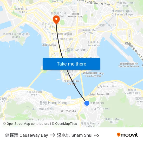 銅鑼灣 Causeway Bay to 深水埗 Sham Shui Po map