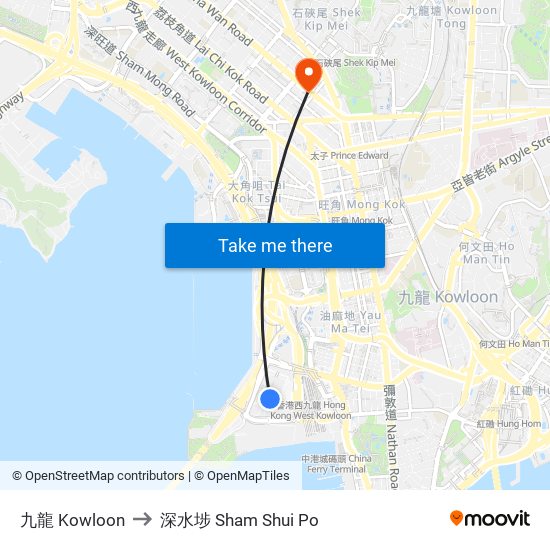九龍 Kowloon to 深水埗 Sham Shui Po map