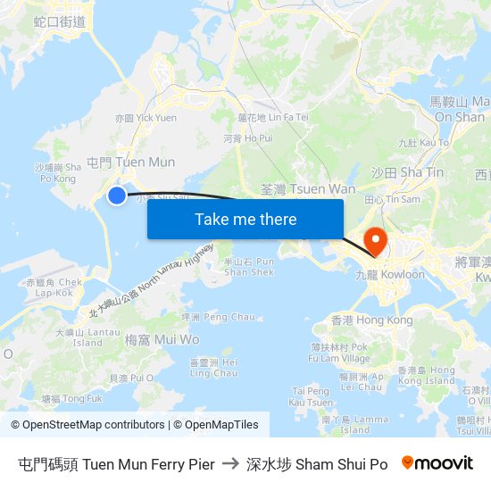 屯門碼頭 Tuen Mun Ferry Pier to 深水埗 Sham Shui Po map