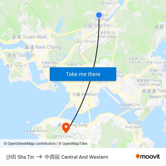 沙田 Sha Tin to 中西區 Central And Western map