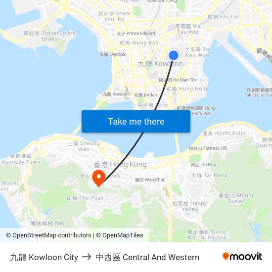 九龍 Kowloon City to 中西區 Central And Western map