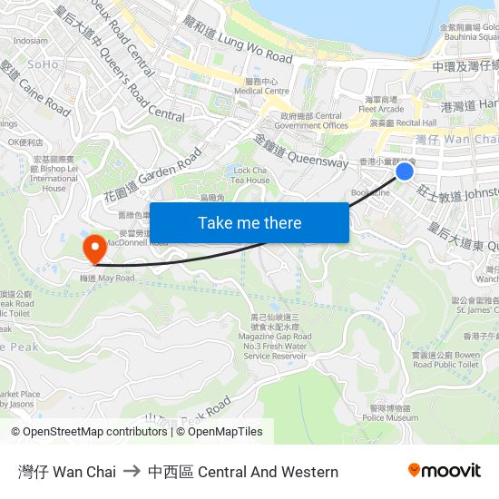 灣仔 Wan Chai to 中西區 Central And Western map