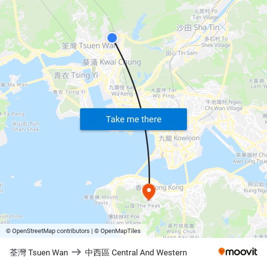 荃灣 Tsuen Wan to 中西區 Central And Western map