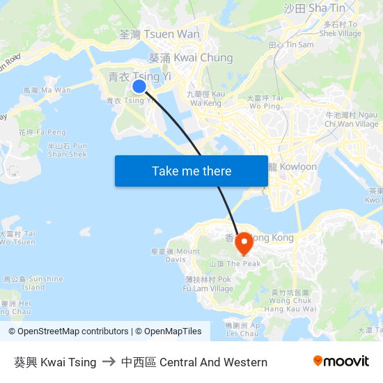 葵興 Kwai Tsing to 中西區 Central And Western map