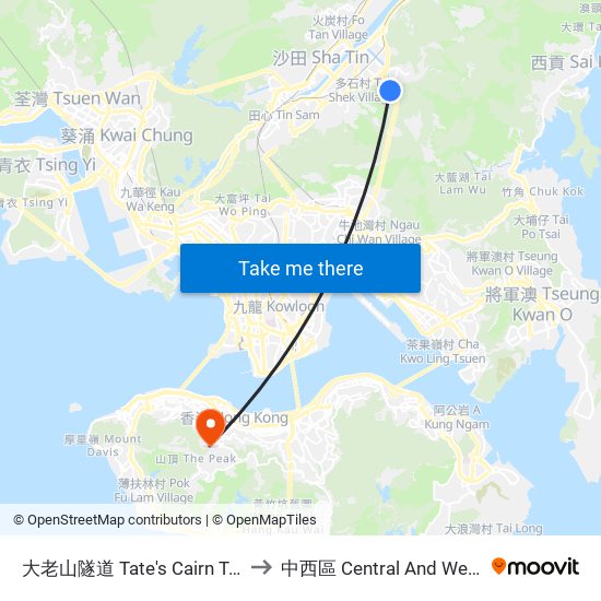 大老山隧道 Tate's Cairn Tunnel to 中西區 Central And Western map