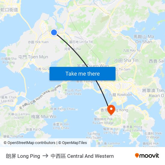 朗屏 Long Ping to 中西區 Central And Western map