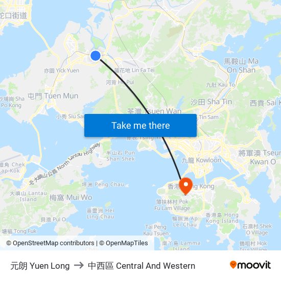 元朗 Yuen Long to 中西區 Central And Western map