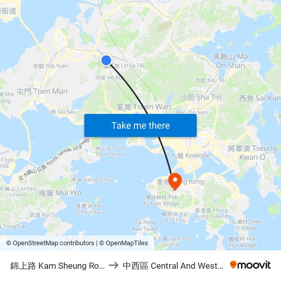 錦上路 Kam Sheung Road to 中西區 Central And Western map