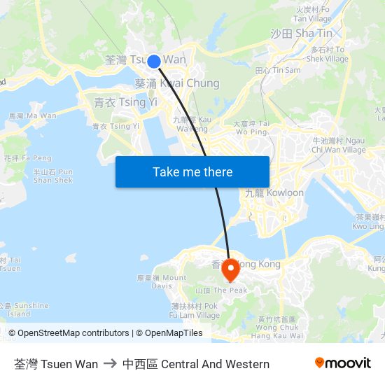 荃灣 Tsuen Wan to 中西區 Central And Western map